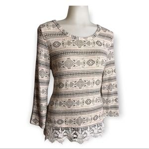 Charming Charlie | Cream & Grey Bohemian Print Blouse Crochet Trim Bottom